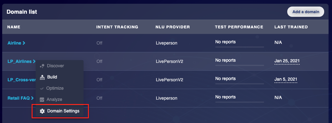 The Domain Settings option for a given domain that's listed on the dashboard in Intent Manager