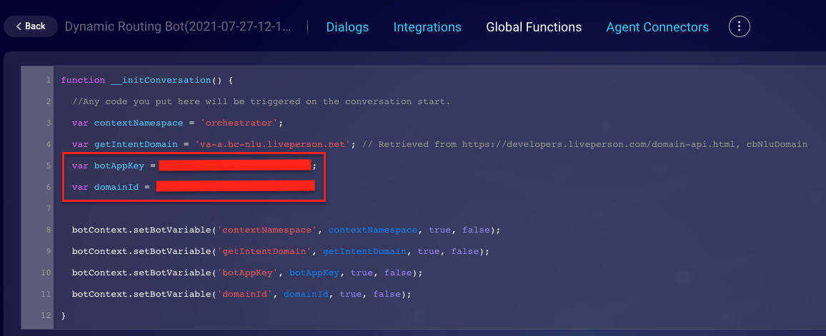 The lines of code in the bot's global functions where you need to enter the botAppKey and domainID values