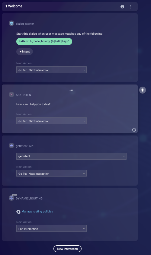 The dialog flow, illustrating how the Dynamic Routing interaction is below the getIntent_API interaction