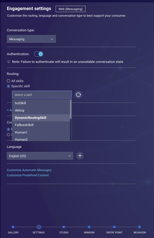 The engagement's settings, where you can select a specific skill to route to