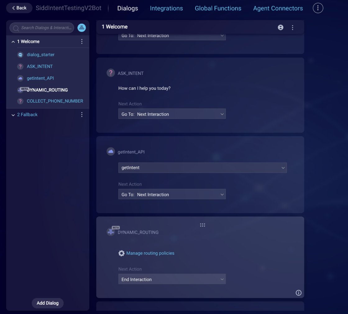 An example of dialog flow that includes a Dynamic Routing interaction