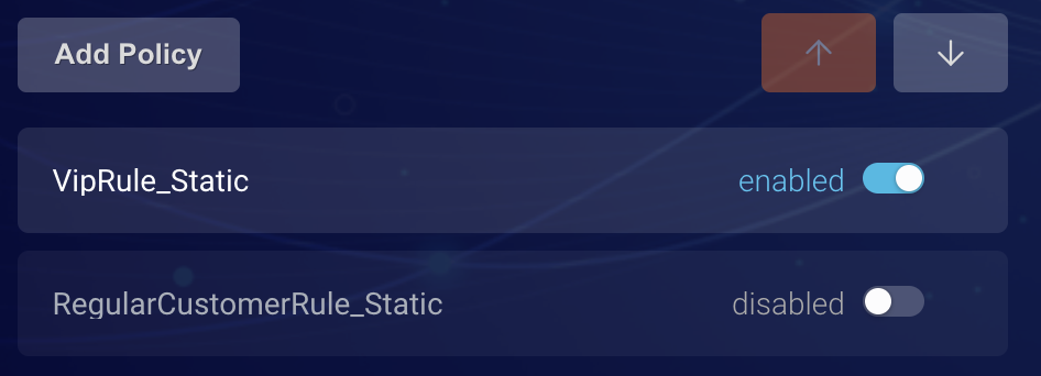 The VipRule_Static policy with its enabled toggle on and the RegularCustomerRule_Static policy with its toggle off