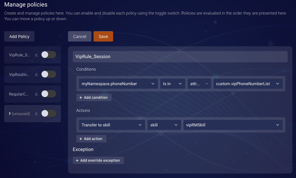 Creating a new policy named ‘VipRule_Session’