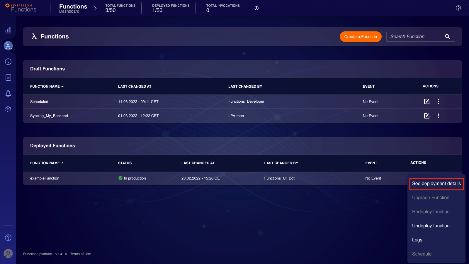 Functions: see deployment details