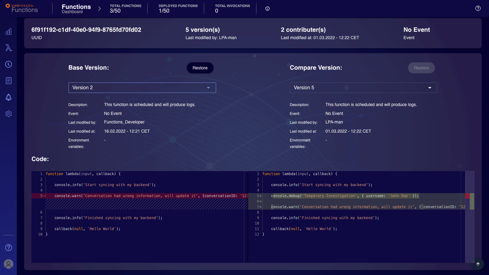 Functions: version comparator changes